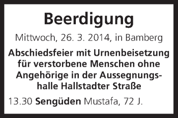 Anzeige von Beerdigung vom 26.03.2014 von MGO