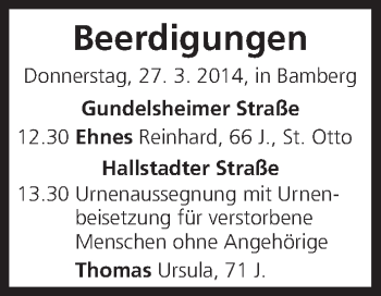 Anzeige von Beerdigungen vom 27.03.2014 von MGO