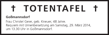 Anzeige von Totentafel vom 28.03.2014 von MGO