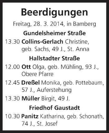 Anzeige von Beerdigungen vom 28.03.2014 von MGO