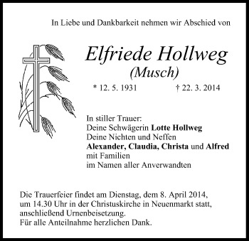 Anzeige von Elfriede Hollweg von MGO