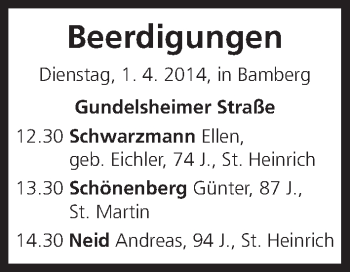 Anzeige von Beerdigungen vom 01.04.2014 von MGO