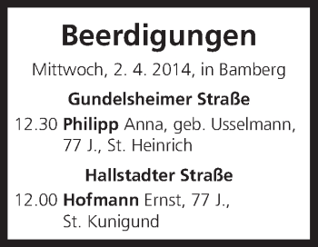 Anzeige von Beerdigungen vom 02.04.2014 von MGO