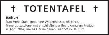 Anzeige von Totentafel vom 03.04.2014 von MGO