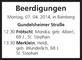 Anzeige von Beerdigungen vom 07.04.2014 von MGO