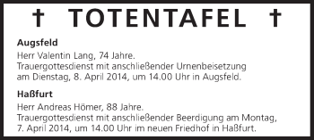 Anzeige von Totentafel vom 05.04.2013 von MGO