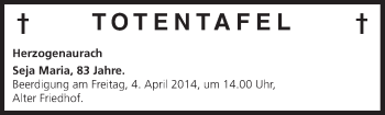 Anzeige von Totentafel vom 03.04.2014 von MGO