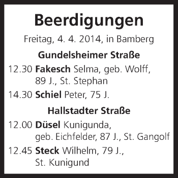 Anzeige von Beerdigungen vom 04.04.2014 von MGO