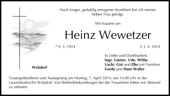 Anzeige von Heinz Wewetzer von MGO