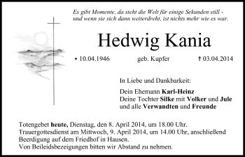 Anzeige von Hedwig Kania von MGO
