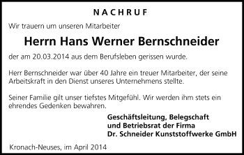Anzeige von Hans Werner Bernschneider von MGO