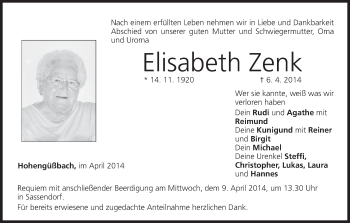 Anzeige von Elisabeth Zenk von MGO