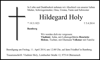 Anzeige von Hildegard Holy von MGO