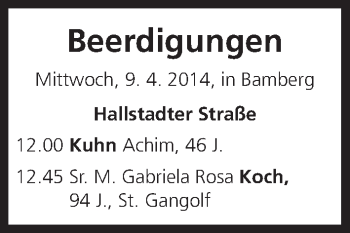 Anzeige von Beerdigungen vom 09.04.2014 von MGO