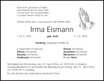 Anzeige von Irma Eismann von MGO