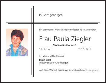 Anzeige von Paula Ziegler von MGO
