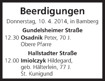 Anzeige von Beerdigungen vom 10.04.2014 von MGO