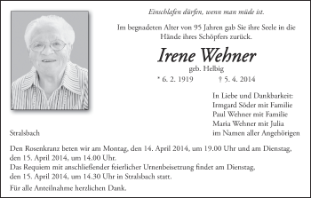 Anzeige von Irene Wehner von MGO