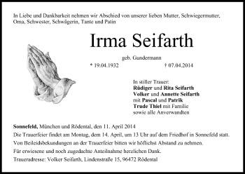 Anzeige von Irma Seifarth von MGO