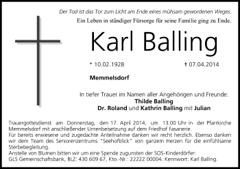 Anzeige von Karl Balling von MGO