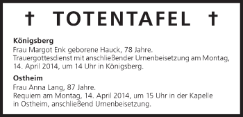 Anzeige von Totentafel vom 12.04.2014 von MGO