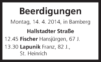 Anzeige von Beerdigungen vom 14.04.2014 von MGO