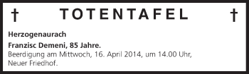 Anzeige von Totentafel vom 16.04.2014 von MGO