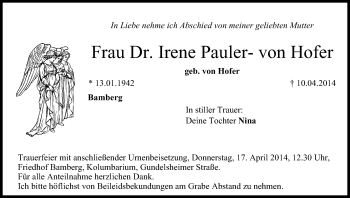 Anzeige von Irene Pauler-von Hofer von MGO