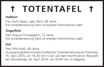 Anzeige von Totentafel vom 15.04.2014 von MGO