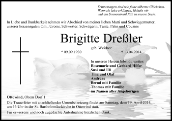 Anzeige von Brigitte Dreßler von MGO