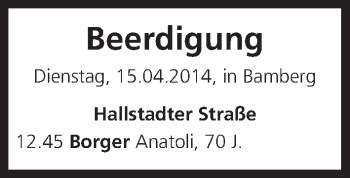 Anzeige von Beerdigung vom 15.04.2014 von MGO