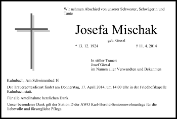 Anzeige von Josefa Mischak von MGO
