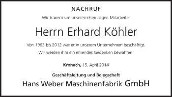 Anzeige von Erhard Köhler von MGO