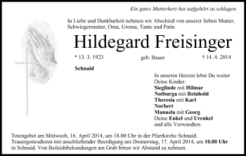 Anzeige von Hildegard Freisinger von MGO