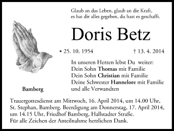 Anzeige von Doris Betz von MGO