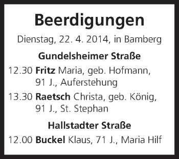 Anzeige von Beerdigungen vom 22.04.2014 von MGO