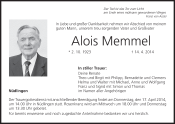 Anzeige von Alois Memmel von MGO