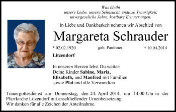 Anzeige von Margareta Schrauder von MGO