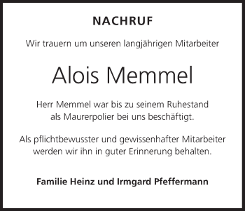 Anzeige von Alois Memmel von MGO