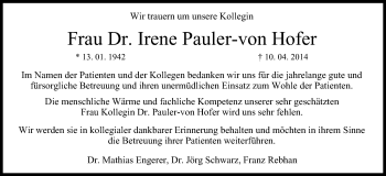 Anzeige von Irene Pauler von Hofer von MGO