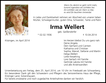Anzeige von Irma Wellert von MGO