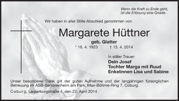 Anzeige von Margarete Hüttner von MGO