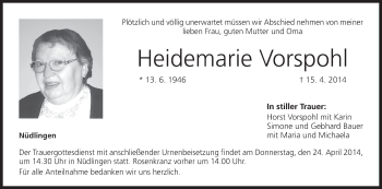 Anzeige von Heidemarie Vorspohl von MGO
