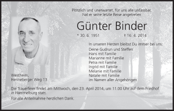 Anzeige von Günter Binder von MGO