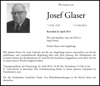 Anzeige von Josef Glaser von MGO