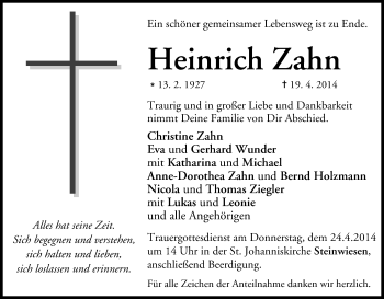 Anzeige von Heinrich Zahn von MGO