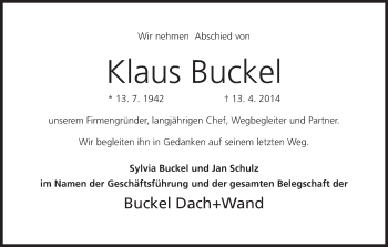Anzeige von Klaus Buckel von MGO