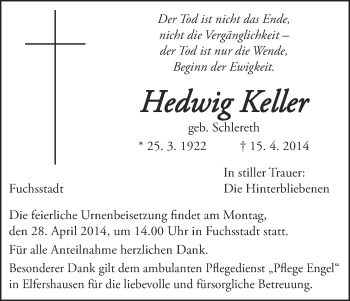 Anzeige von Hedwig Keller von MGO