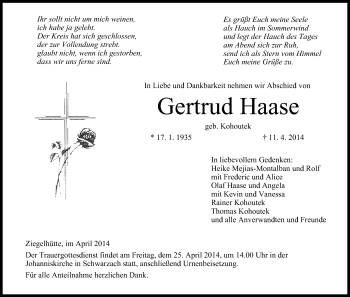Anzeige von Gertrud Haase von MGO