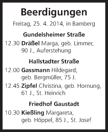 Anzeige von Beerdigungen 25.04.2014 von MGO